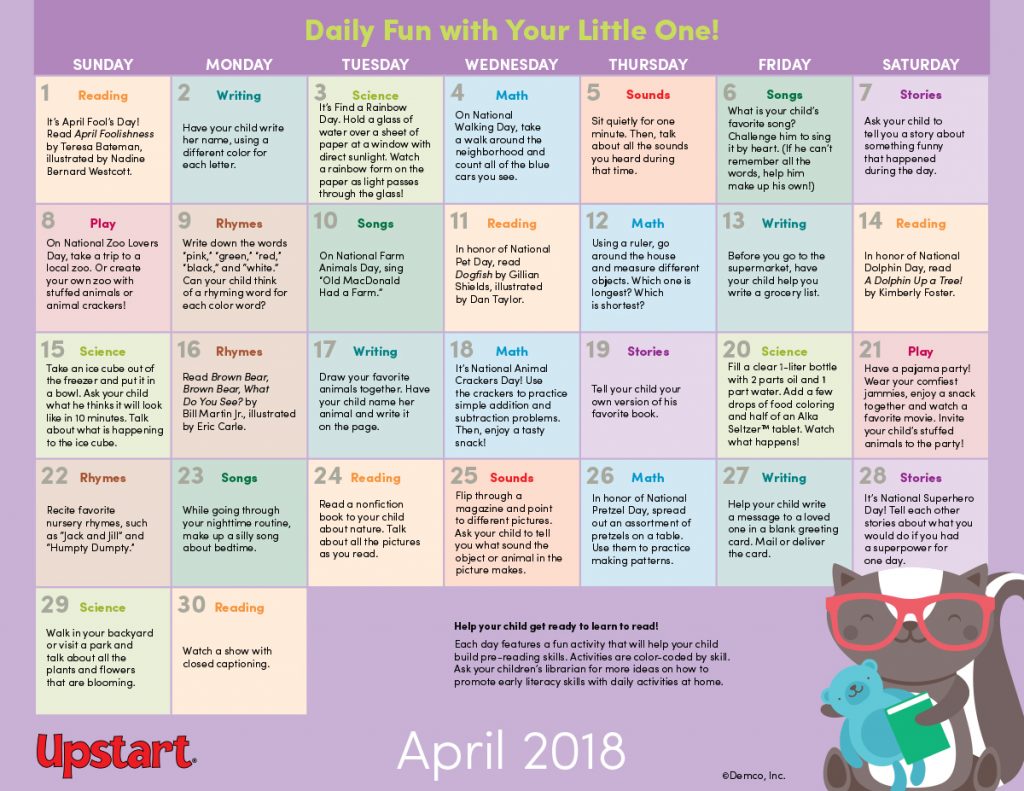 Early Literacy Activity Calendar: April 2018